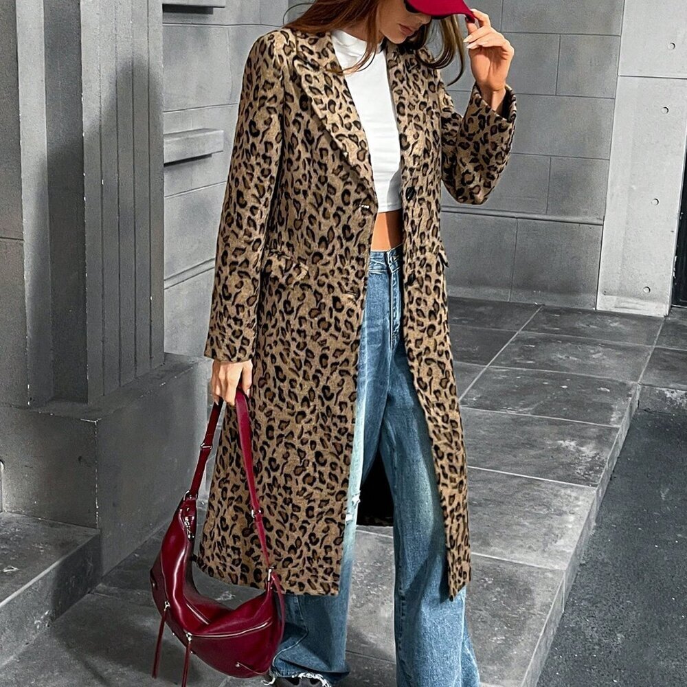Multicolor Casual Women's Leopard Print Knitted Cinched Waist Stand Collar Coat - Picture 5 of 7